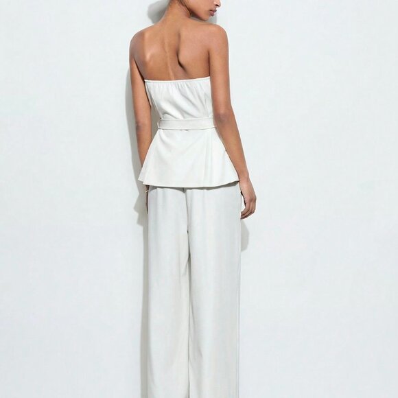 White Casual Women's Strapless Metal Button Top & Elastic Waist Pants Set - Picture 6 of 10